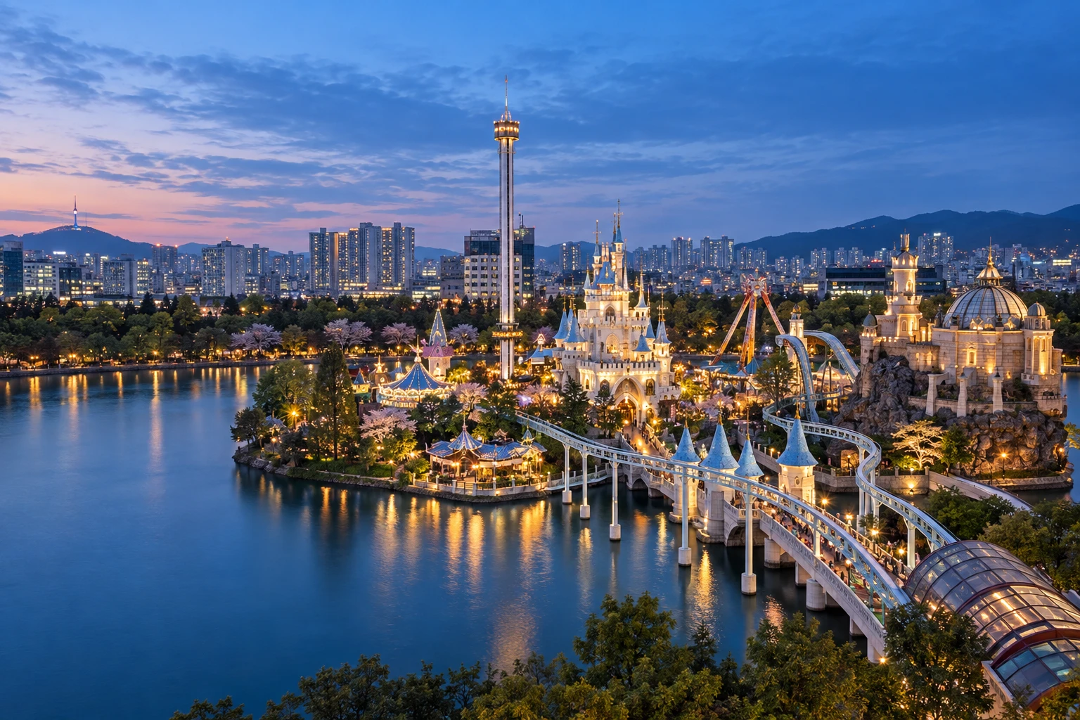 Lotte World Magic Island illuminated at blue hour with Magic Castle, the lake, and monorail